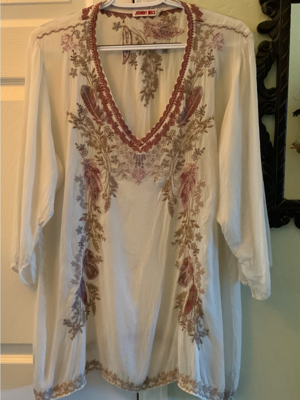 Johnny Was Cream Tunic with Mauve and Tan Embroidery